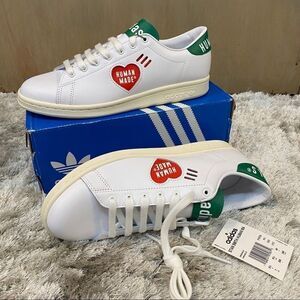 Pharrell Human Made X Adidas Stan Smith White Sneakers with Green Stripes and ❤️